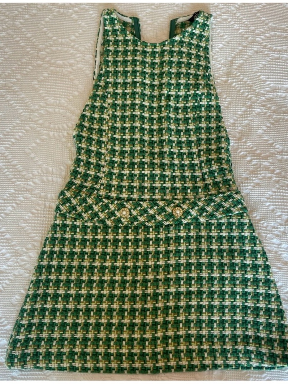 Zara Green and White Tweed Sleeveless Shift Dress